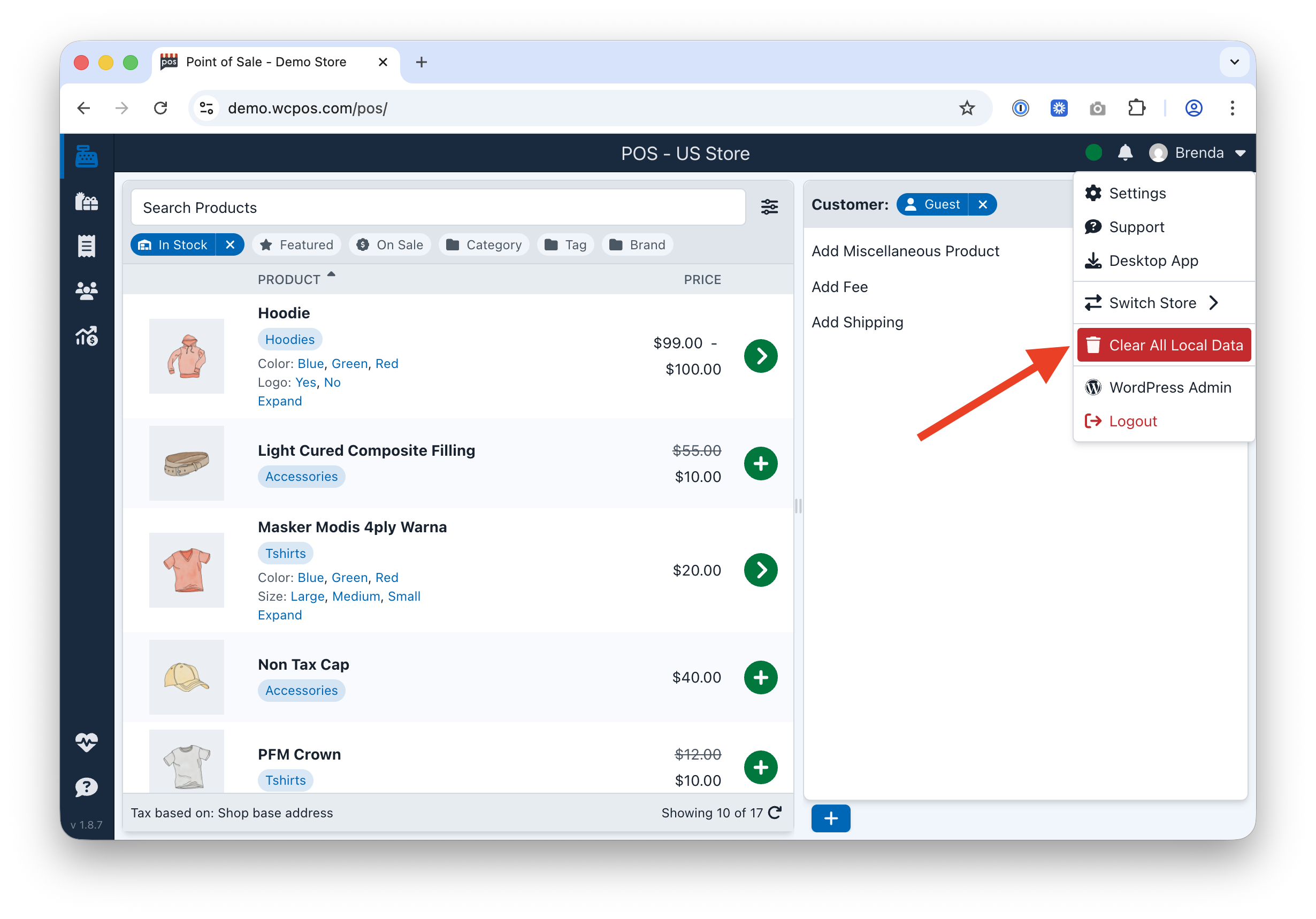 Clear All Local Data button in the WCPOS web app user menu