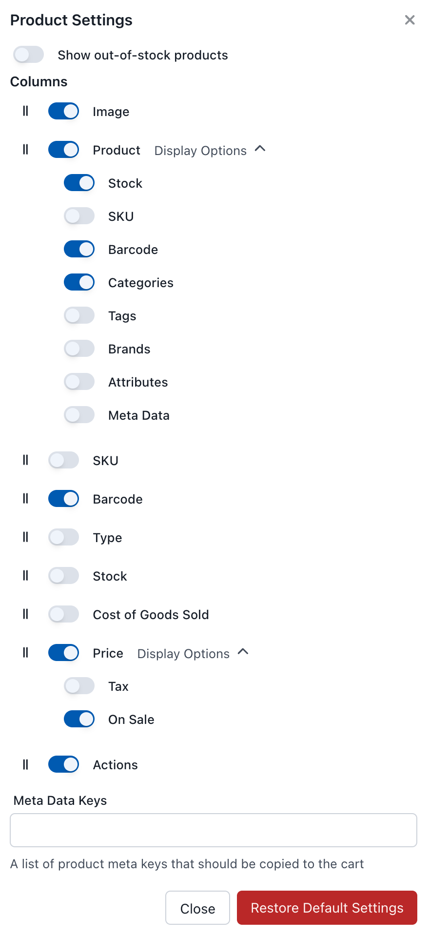 POS Products Settings